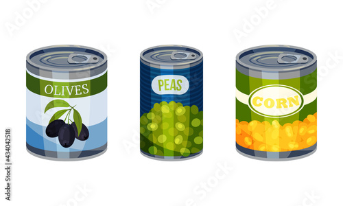 Closed Steel Labeled Can or Tin with Green Peas and Corn Vector Set