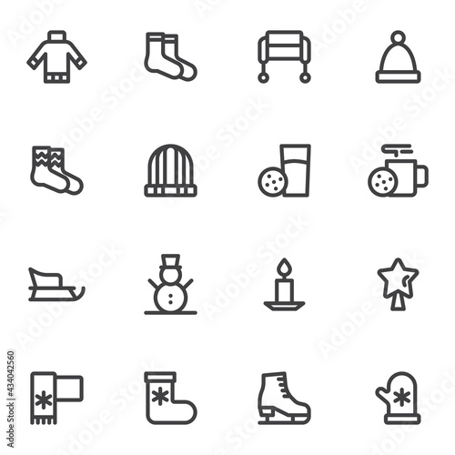 Winter season related line icons set