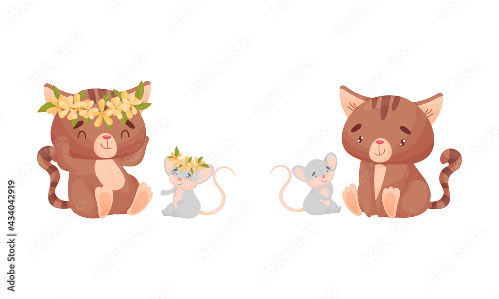 Cute Friendly Cat and Mouse Sitting with Floral Wreath on Head Vector Set Cute Friendly Cat and Mouse Sitting with Floral Wreath on Head Vector Set