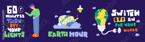 Earth hour banner set. Planet earth day. Save our day. Turn off your light. 60 minutes.