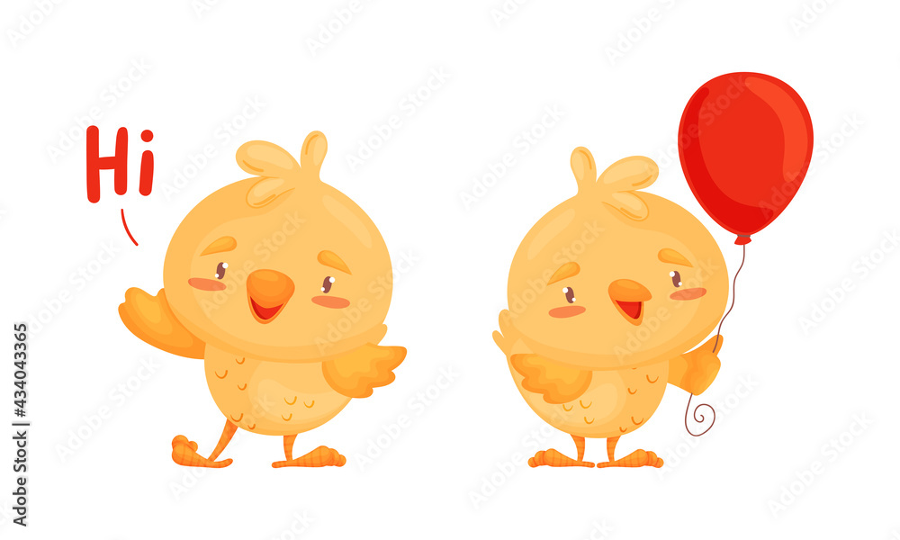 Cartoon Yellow Chicken Greeting and Holding Balloon Vector Set Cartoon Yellow Chicken Greeting and Holding Balloon Vector Set