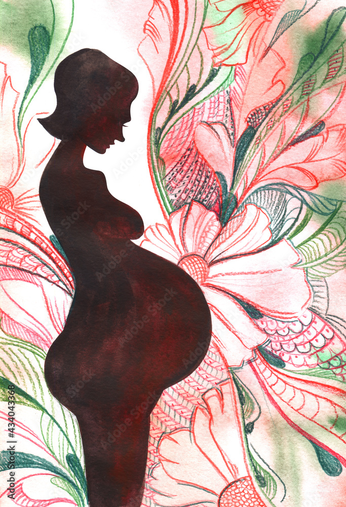 Watercolor Image Of Dark Silhouette Of Pregnant Naked Woman Depicted In