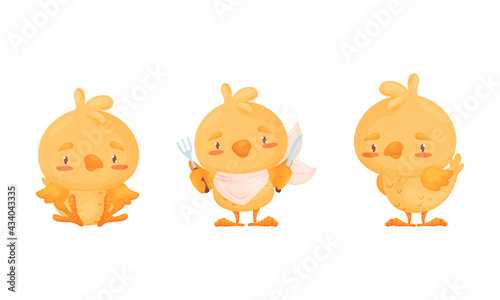 Cartoon Yellow Chicken Ready to Eat and Sitting Vector Set