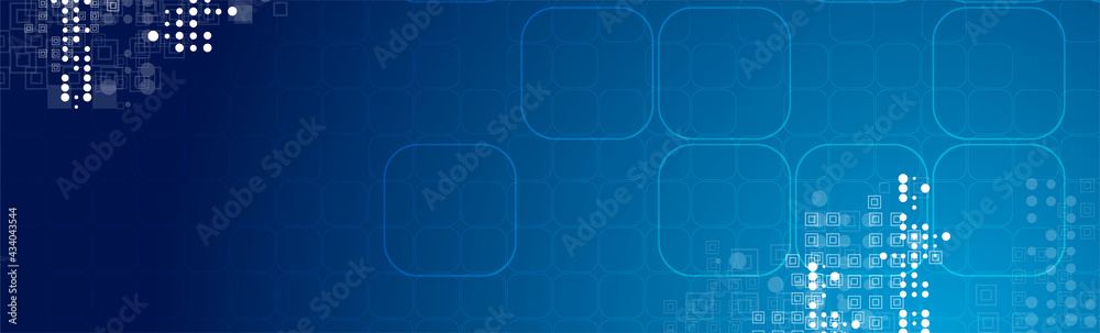 Bright blue geometric banner with small squares and dots. Technology vector background