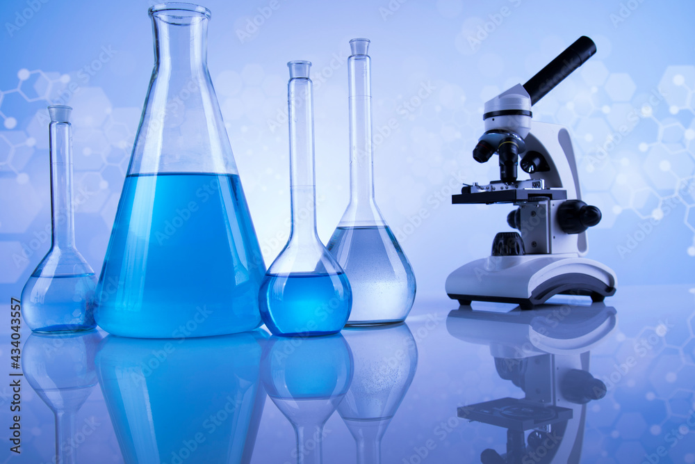 Microscope, Laboratory beakers,Science experiment Microscope, Laboratory beakers,Science experiment