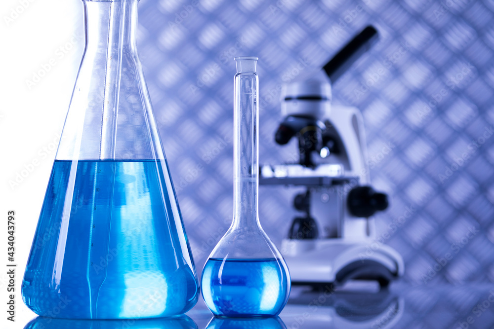 Microscope, Laboratory beakers,Science experiment Microscope, Laboratory beakers,Science experiment