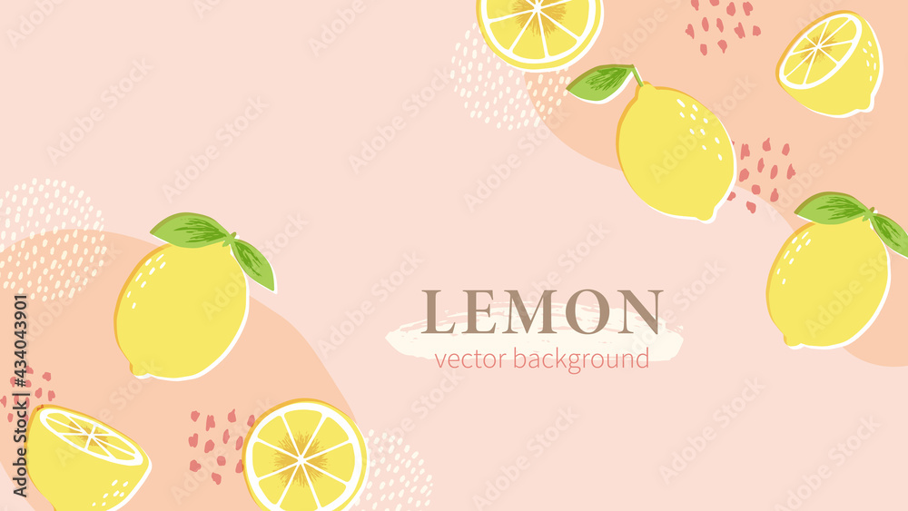 Hand drawn lemons and abstract elements on pastel pink background ...