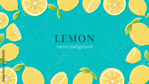 Hand drawn lemon illustration on distressed teal blue background. Horizontal rectangle background design template with lemons for poster, web banner, header, video, package.