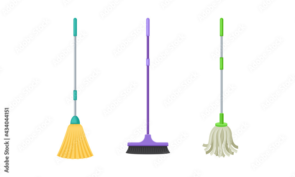 Mop and Broom with Long Pole for Cleaning and Sweeping Floors Vector Set Mop and Broom with Long Pole for Cleaning and Sweeping Floors Vector Set