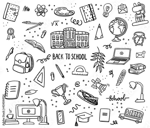 Back to School doodle set. Various school stuff - supplies for sport, art, reading, science, geography, biology, physics, mathematics, astronomy, chemistry. Vector isolated over white background.