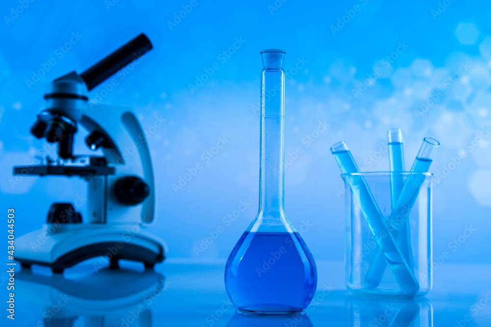 Microscope, Laboratory beakers,Science experiment Microscope, Laboratory beakers,Science experiment