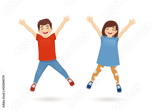 Happy little boy and girl jumping together isolated vector illustration