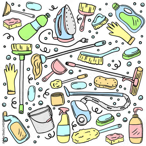 A set of cleaning products. Iron, vacuum cleaner, soap, mop. Cleaning. A hand-drawn cartoon collection of home cleaning items. Drawing doodles. Vector illustration