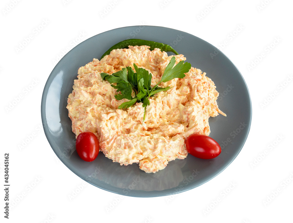 Carrot tarator isolated on a white background. Fresh carrot salad with garlic yogurt in bowl. Turkish appetizer varieties. Healthy foods. Local name havuç tarator Carrot tarator isolated on a white background. Fresh carrot salad with garlic yogurt in bowl. Turkish appetizer varieties. Healthy foods. Local name havuç tarator