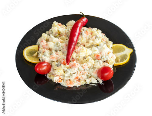 Potato salad with yoghurt isolated on a white background. Turkish appetizer varieties. Healthy foods. Local name amerikan salatası photo