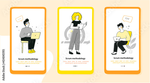 Scrum methodology for marketing design, flat vector landing page template.