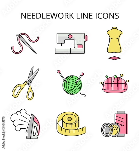 needlework. sewing and repairing clothes. set of vector icons in flat style