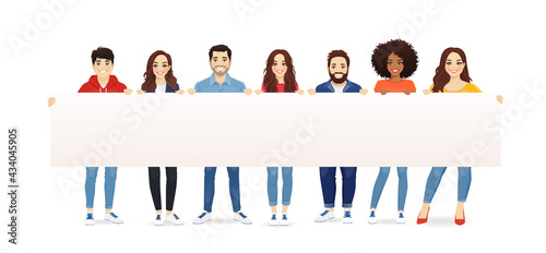 Happy smiling group of friends holding empty blank placard or board standing together full length isolated vector illustration