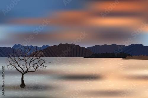 Beautiful sunset mountains, lonely tree and water coast view. Reflections of the clouds on water surface.