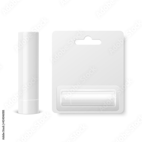 Vector Realistic 3d White Blank Closed Lip Balm Stick, Hygienic Lipstick and Blister Packaging Set Isolated. Design Template for Graphics, Vector Mockup. Cosmetic, Beauty, Makeup Concept. Front View