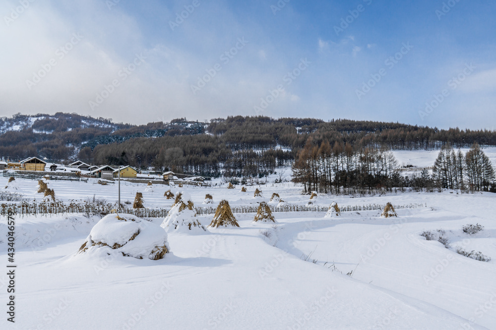 Forests and villages in jilin, China, after snow in winter