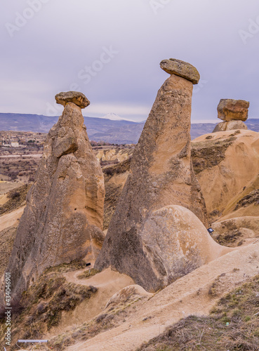 Vertical view of the Three Beauties (Üç Güzeller) rock formations near Göreme, Cappadocia, Turkey