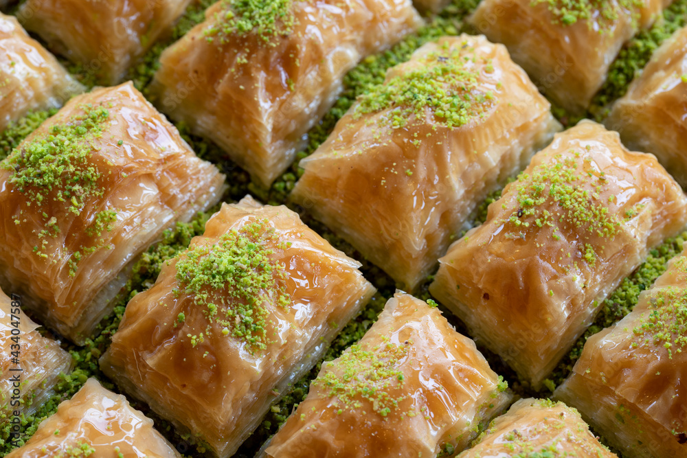Close-up pistachio baklava. Traditional Anatolian cuisine