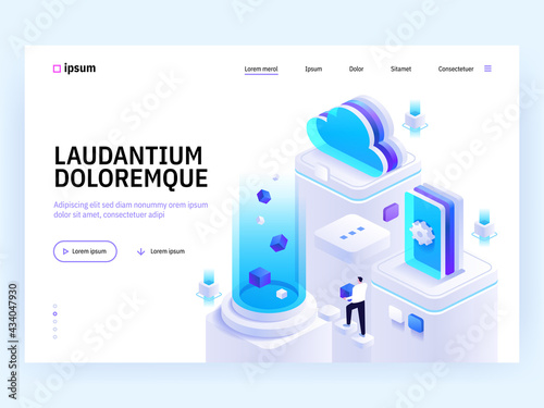 Vector landing page of Tech isometric concept. Cloud storage and computing, product and software development, support and monitoring. Character illustration of advertising banner in isometry design