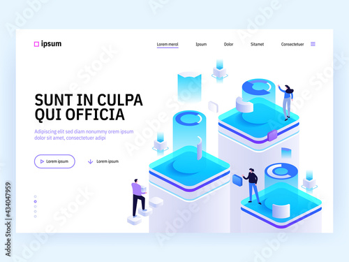 Vector landing page of Tech isometric concept. Teamwork at different stages of project, creation of products, software development. Character illustration of advertising banner in isometry design