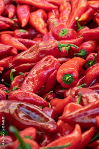 fresh red peppers in the market. red pepper in bulk. ripe red peppers in a street market. capia pepper.