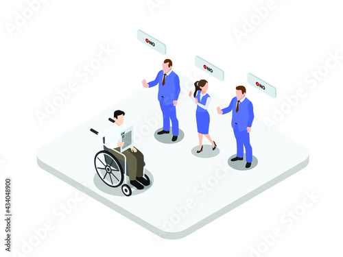 Disability discrimination vector concept. Disabled man applying for job while being rejected by employer