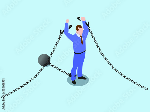 Freedom vector concept. Businessman feeling happy while breaking a metal chain to freedom
