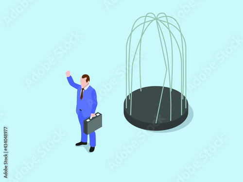 Freedom vector concept. Businessman feeling happy while getting out from a birdcage