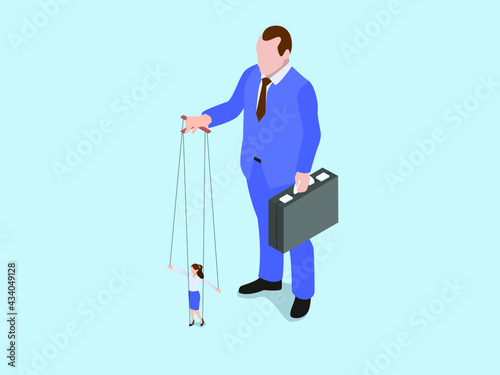 Business puppet vector concept. Male manager controlling his female employee like a marionette while working in the office