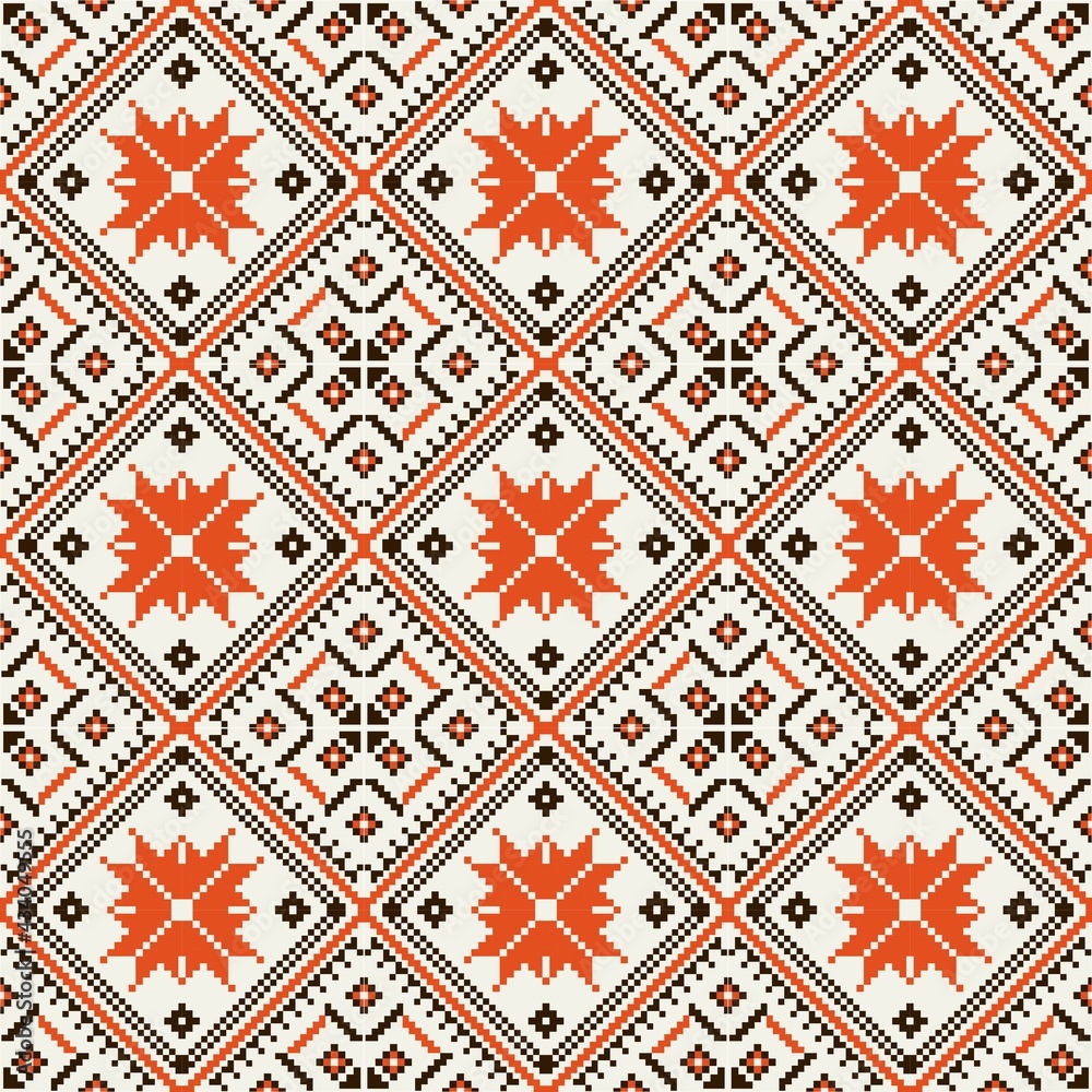 Bohemian, fashionable seamless ornament in ethnic Hutsul style. In modern trendy shades. Perfect for the design of fabrics, clothing, interiors. Bohemian, fashionable seamless ornament in ethnic Hutsul style. In modern trendy shades. Perfect for the design of fabrics, clothing, interiors.