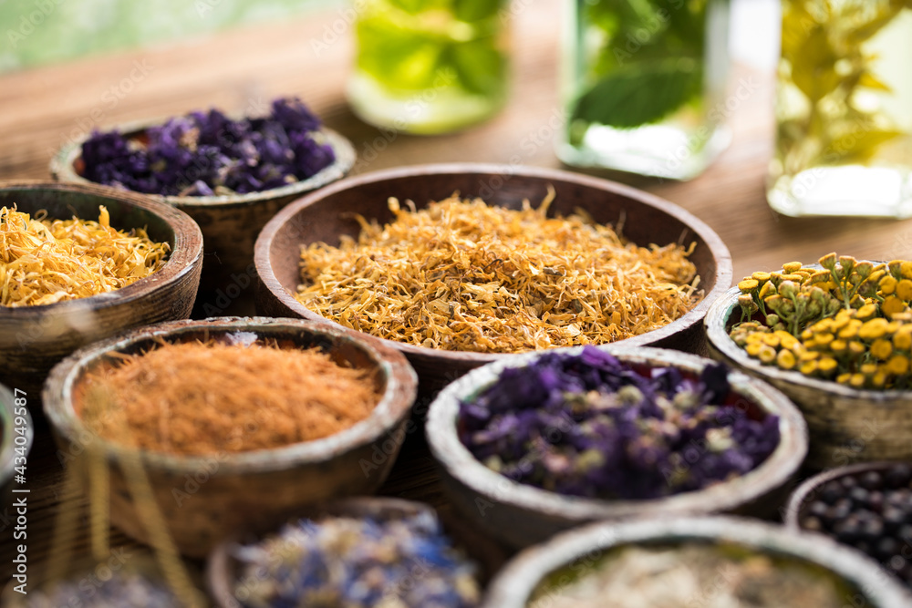Natural remedy, healing herbs background Natural remedy, healing herbs background