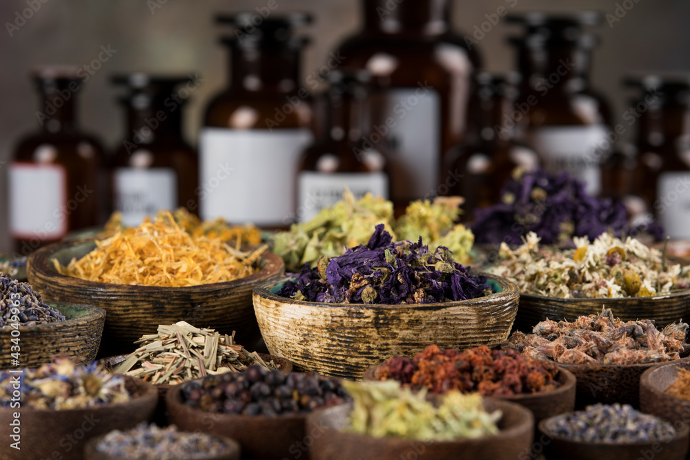 Natural remedy, healing herbs background Natural remedy, healing herbs background