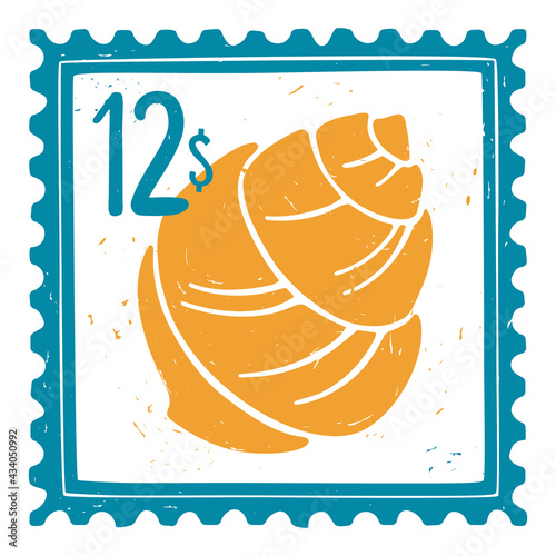 Cute sea post stamp face value of 12 dollars with a textured yellow seashell. For decoration, design, tattoo or scrapbooking. Vector shabby hand drawn illustration