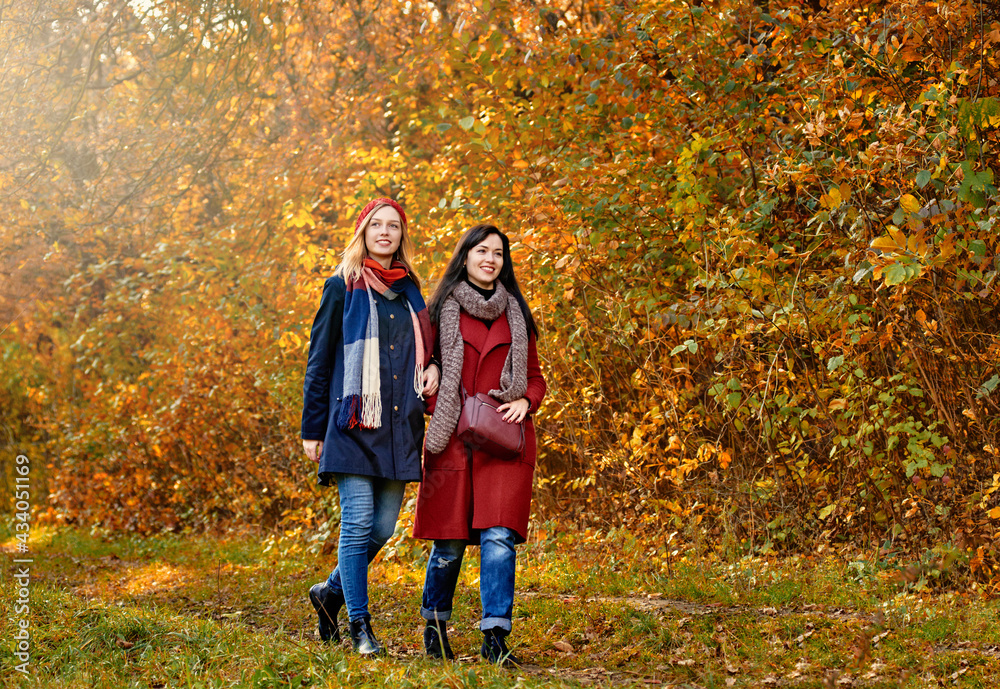 Two happy young women walking in beautiful autumn park