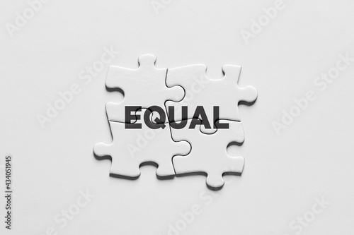 Puzzle pieces connected to each other with the word equal. Equality, equal rights, payment or opportunity