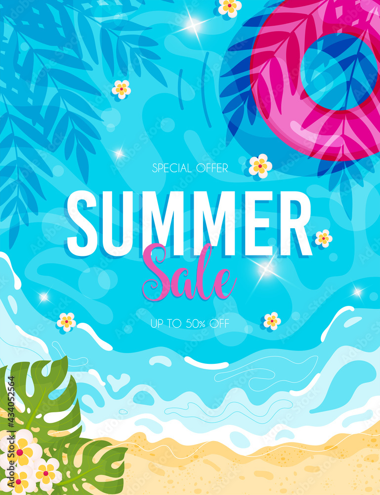 Summer sale flyer. Hello summer beach background. Vector illustration