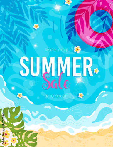 Summer sale flyer. Hello summer beach background. Vector illustration