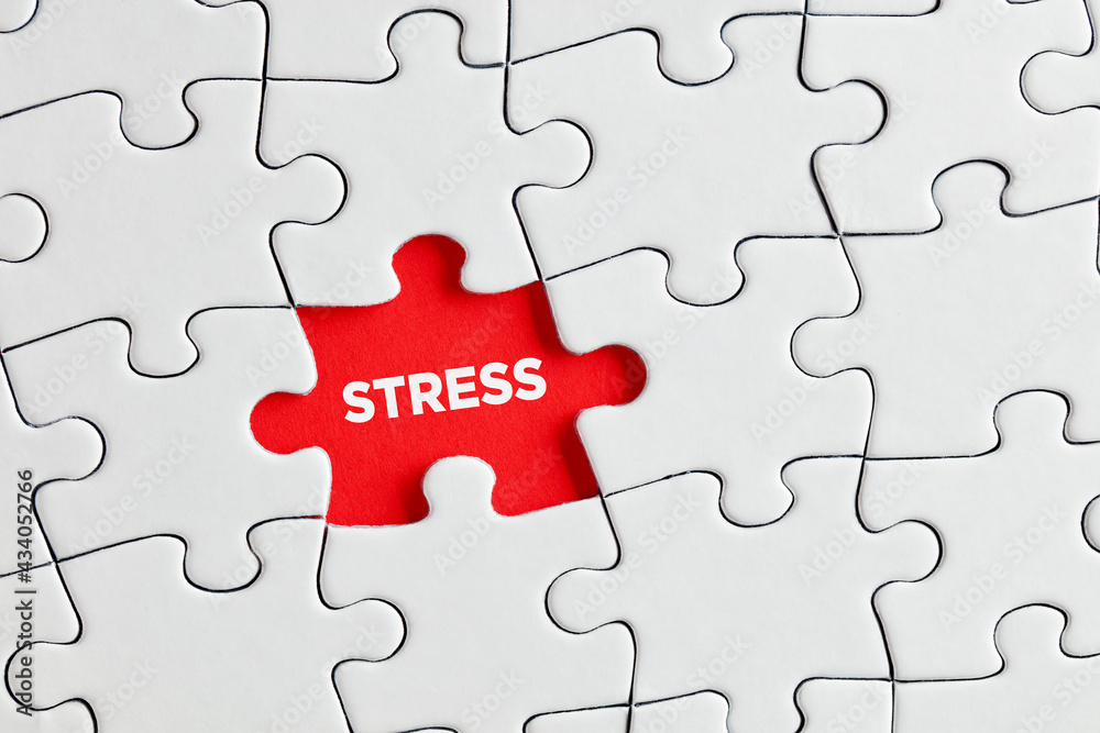 The word stress written on red missing puzzle piece. Exposing or discovering underlying stress or tension The word stress written on red missing puzzle piece. Exposing or discovering underlying stress or tension