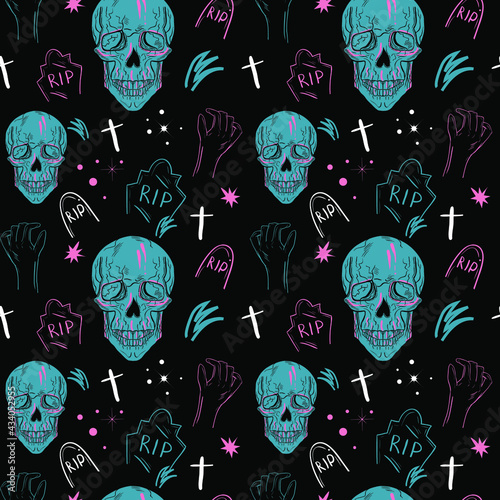 Dark gothic background. Seamless pattern with skulls and gravestones. Cemetery illustration.