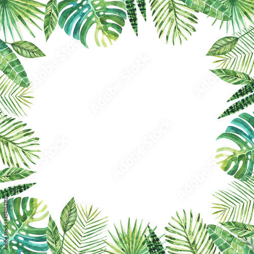 Watercolor square frame of tropical leaves and branches. A background for invitations  advertising  postcards