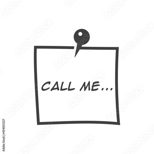 Recordatorio con hoja de papel con alfiler. Logotipo con texto Call me en lineas color gris