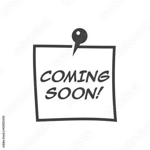 Recordatorio con hoja de papel con alfiler. Logotipo con texto Coming Soon en lineas color gris	
