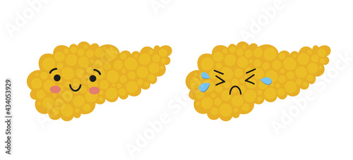 Happy and crying kawaii character of pancreas. Drawing of health and sick pancreas. Isolated vector illustration on white background.