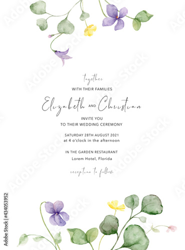 Watercolor vector hand painted wedding invitation card template.