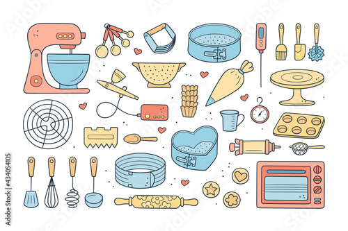 A set of tools for making cakes, cookies and pastries. Doodle confectionery tools - planetary stationary dough mixer, baking pans and pastry bag. Hand drawn vector illustration on white background. photo